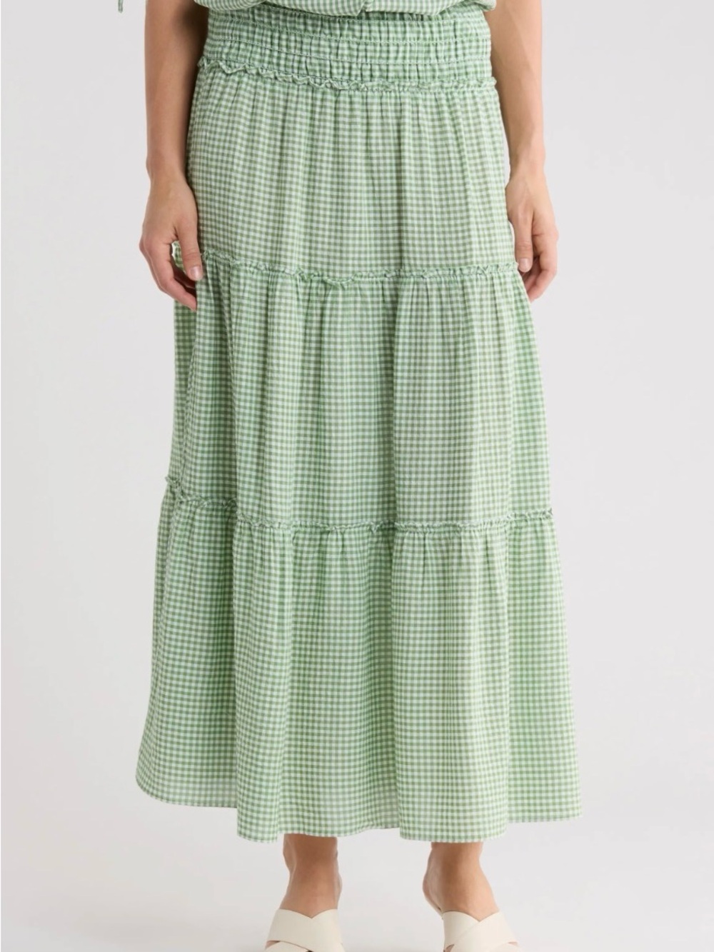 Max Studio Light Green Gingham Tiered Maxi Skirt